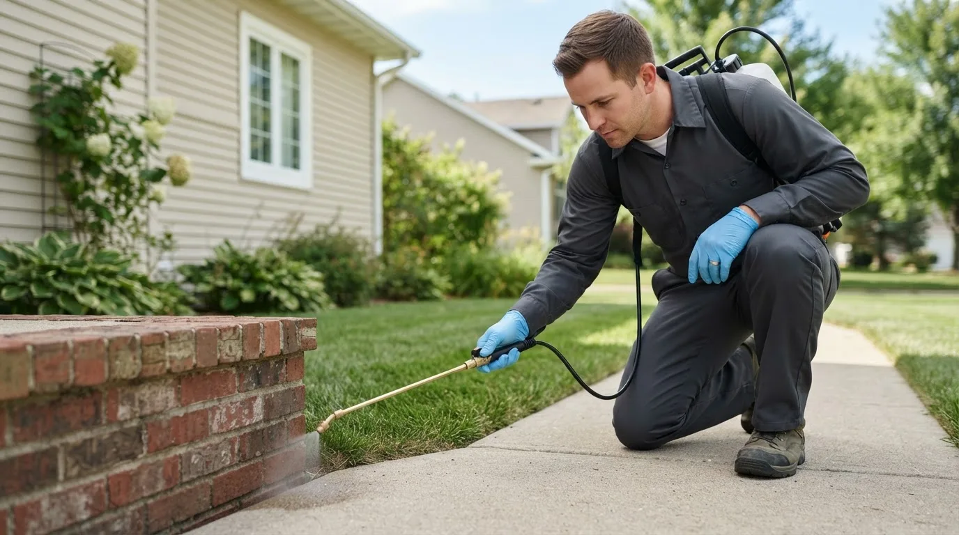 Pest control technician treating a home near Anton, CO